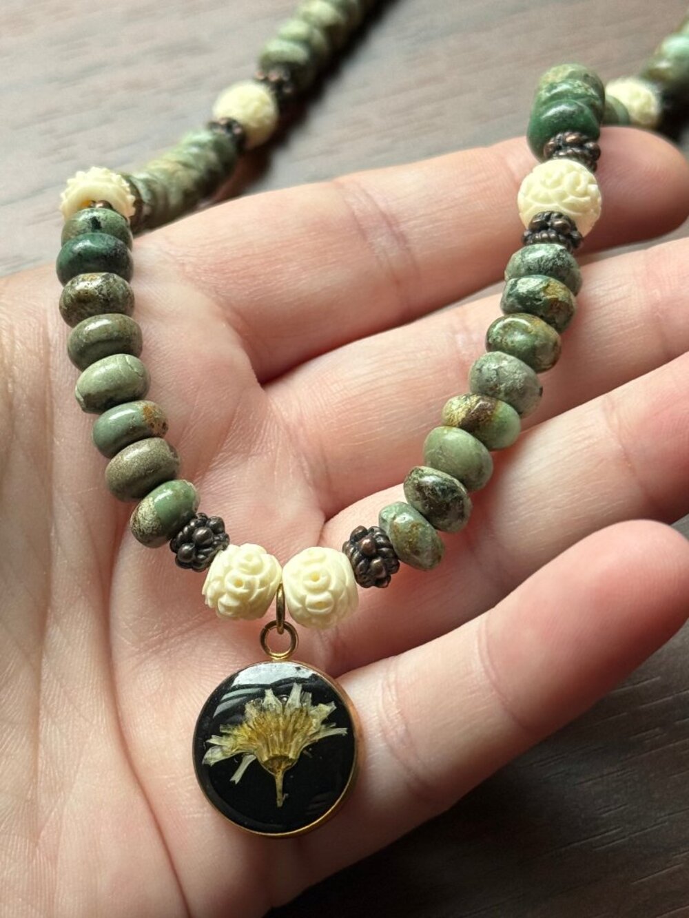 Pressed Flower, Stone, Bone, and Metal Upcycled Necklace